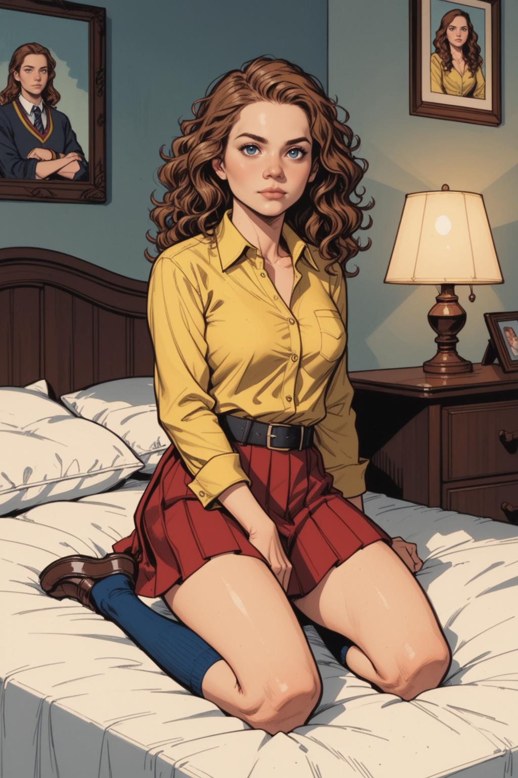 1girl, solo, skirt, shirt, brown hair, socks, sitting, blue eyes, wavy hair, on bed, lips, bed, belt, red skirt, lamp, brown footwear, yellow shirt, indoors, looking at viewer, shoes, shirt tucked in, pleated skirt, collared shirt, long hair, curly hair, long sleeves, nose, breasts, pillow, full body, closed mouth, medium breasts, blue socks, kneehighs, bed sheet, seiza, loafers, wariza, miniskirt, buckle, belt buckle, buttons, thighs, black socks, picture frame, medium hair, kneeling, white shirt, sheet grab, bedroom, pocket, collarbone, black belt, (hermione Granger:1.2)  (harry potter), <lora:Expressive_H:0.5>, score_9, score_8_up, score_8_up, a_Comic_Illustration, rough lines with ink, (drawn:1.1), (sketch:1.5), (crosshatching:1.25), (comic style:1.1), graphic novel style, sharp lines, hires, zstyle, (western comics \(style\):1.1), (hatching \(texture\):1.2), zPDXL, Mr_Monster_Possitive, beautiful detailed eyes, extreme details eyes,  perfect anatomy,