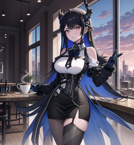 <lora:nerissa_ravencroft_v4-000009:1>
(1girl, solo:1.3), 
standing, cowboy shot ,
(asymmetrical horns), horns, demon horns, red eyes, slit pupils, [mole under eye], 
black hair, blue hair, two-tone hair, long hair, hair ornament, 
large breasts, skindentation, thick thighs, 
thick thighs, looking at viewer, 
black ribbon, 
bare shoulders, fur-trimmed sleeves, fur trim, collared shirt, (white shirt), gloves, (vertical striped shirt), 
(miniskirt, black skirt:1.3), belt, multiple belts, 
(asymmetrical legwear:1.25), (thigh boots), (single) thighhigh, black thighhighs, (single leg pantyhose:1.2), checkered pantyhose, 
indoors, (cafe), window, sunset