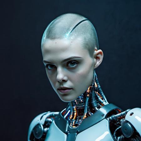 Frontal portrait photo of a robot female warrior without hair,  a glass head and glowing computer brain, ex machina style, android, cyberpunk style, nightcity,   Nikon P1000, f/1.8, 35mm,   <lora:elfanning_xl_1_standard-000081:1>