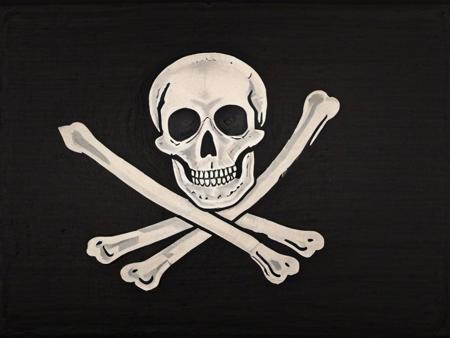 a skull and crossbones, a death's head over crossed bones, black field background, jolly roger