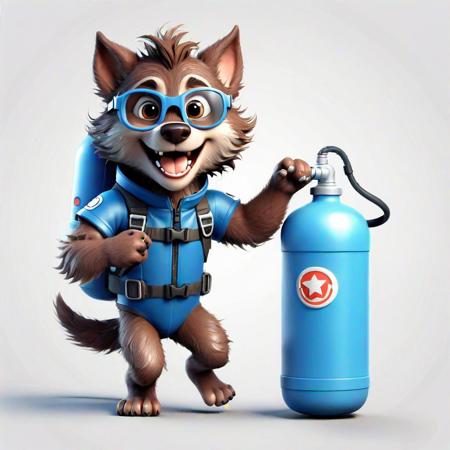 Cute and adorable baby werewolf with full body, oxygen tank and goggles, excited and happy expression, wearing wetsuit on body, expresses various movements, 2d cute, happy, fantastic, dreamy, illustration, 3d three-dimensional, centered, professional no see. Soft, modern and cool. It has graphics, line art, and a white background.
