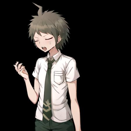 (danganronpaHajimeHinata:1.3), (solo:1.3), 1boy, looking to the side, embarrassed, short hair, open mouth, bangs, simple background, brown hair, shirt, closed eyes, white shirt, upper body, ahoge, short sleeves, male focus, necktie, teeth, shiny, collared shirt, shiny hair, hands up, upper teeth only, black background, pocket, breast pocket, green necktie <lora:danganronpaHajimeHinata:0.8>