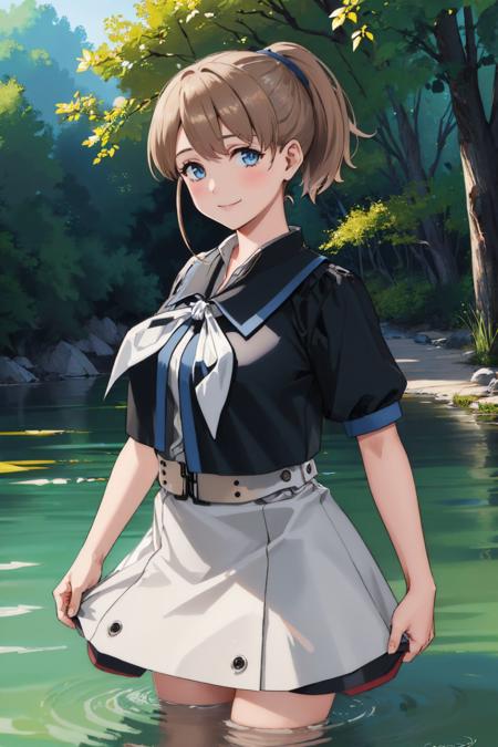 (masterpiece, best quality:1.2), <lyco:kancolle_intrepid-10:1.0>, cowboy shot, solo, 1girl, intrepid, smile, looking at viewer, wading, ponytail, black shirt, grey neckerchief, white skirt