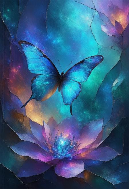 A surreal and mesmerizing scene, depicting a delicate, butterfly-like alien creature with glowing, bioluminescent wings interacting with an otherworldly, carnivorous flower, rendered in a fractured stained-glass Cubist vision. The composition explodes with vibrant, unnatural hues â iridescent turquoise, electric fuchsia, and deep space violet â sharply contrasted by stark black outlines and a pervasive, otherworldly glow. Multiple perspectives converge, revealing the creature's ethereal beauty and the flower's predatory grace from various angles, creating a dynamic interplay of vulnerability and danger. Subtle photorealistic details â the intricate patterns on the creature's wings, the glistening texture of the flowerâs petals, the delicate veins of bioluminescence â are intricately interwoven with the geometric fragmentation, grounding the fantastical elements with a sense of unsettling realism. A soft, pulsating glow emanates from within the stained-glass elements, intensifying the sense of alien mystery and latent threat. Ultra detailed, 8k resolution, volumetric lighting, octane render, a visually arresting and emotionally charged composition, exploring the beauty and peril of the unknown.