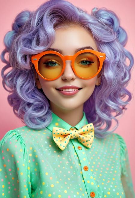 A photograph captures Lila, a vivacious and playful character with an attention-grabbing, colorful style. Her locks are dyed in a mesmerizing mix of pastel hues, including lavender and mint green, arranged into adorable space buns on her head and soft curls framing her face. Lila's makeup is striking yet alluring, featuring coral orange lips that complement her pastel hair magnificently. She dons oversized round sunglasses, featuring a vibrant mint green frame and mirrored lenses, which reflect her quirky and self-assured personality.
Her attire consists of a lavender polka-dotted blouse, accentuated by a cheerful yellow bowtie that lends a whimsical, retro flair to her appearance. The backdrop is a soothing pastel pink, emphasizing her vibrant attire and hair color, while maintaining an overall harmonious, colorful atmosphere.
Lila's exuberant smile and self-confident pose, coupled with her bold fashion choices, exude a charming, eccentric aura that makes her the epitome of