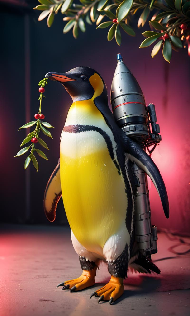 A Penguin Statue Holding a Rocket and a Branch of Berries