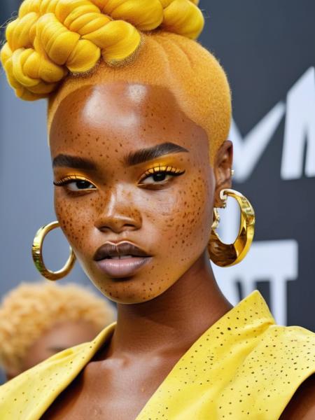 (fashion runway of a african woman model with Freckles and a yellow hair ):1, (Mtv awards outfit ):1.2 ,    <lora:Freckles:0.9> ,  high fashion, trendy, stylish, editorial, magazine style, professional, highly detailed