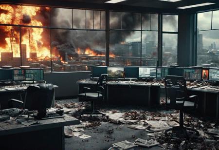 a photorealistic digital painting of a chaotic news studio in disarray, with the anchor looking fearful and exhausted as they report breaking news about a zombie outbreak. Split screens show overwhelmed hospitals and buildings engulfed in flames, with a highly detailed and dramatic cinematic atmosphere, made in Maya, Blender and Photoshop, octane render, excellent composition, dynamic lighting, precise anatomy, aesthetic, very inspirational, arthouse.