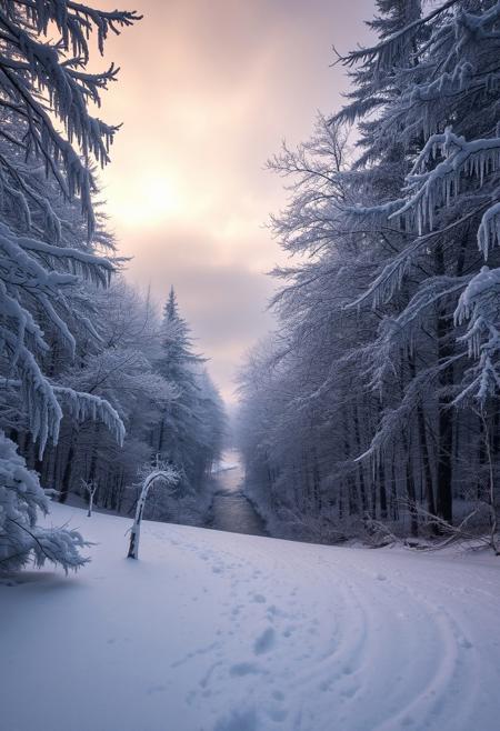 A remote, deep forest where the trees are frozen under a thick layer of frost. The branches are covered with heavy, glittering ice that shimmers in all the colors of the rainbow in the faint dawn light. The ground is covered with a thick layer of snow, streaked with fine ice crystals that sparkle in the light like tiny diamonds. In the background, a winding river can be seen, the water so cold that it has frozen into delicate, round ice crystals at the edges. A fine mist hangs over the river, giving the scene a mystical atmosphere. The sky above is gloomy and gray-white, with only a faint glimmer of sunlight breaking through the dense treetops and making the layers of ice glitter. There is no wind in this landscape, and the silence is overwhelming—only the faint crunching of ice and snow can be heard. The frost leaves everything in an icy, almost magical stillness, as if time itself has been frozen here. It is a scene that captures the pristine beauty and quiet, fragile power of ice in its purest form.
