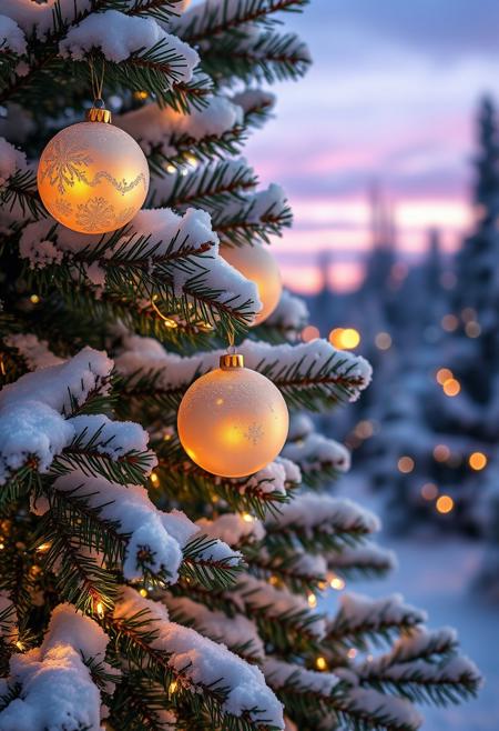 Rime Ice A serene, winter evening scene featuring a beautifully decorated evergreen tree heavy with fresh white snow. Several ornate Christmas ornaments adorn the branches, including large, glossy spheres in soft pastel shades of gold and white, delicately patterned with frost-like designs. The ornaments emit a warm, inviting glow, contrasting against the cool, deep greens of the pine needles and the snowy white backdrop. The soft lighting from the ornaments reflects off the snow, creating a magical ambiance. The background reveals a subtle sunset, with pastel hues of purple and orange blending seamlessly into the night sky, enhancing the cozy, festive atmosphere. Hyperrealistic style with high detail, focusing on texture and light interplay.