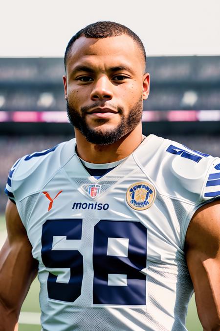 a photo of DPr35c0tt, a man, RAW, close portrait photo, (medium shot), (beard), blue and white american football clothes, stands in the background, football stadium, (high detailed skin:1.2), 8k uhd, dslr, soft lighting, high quality, film grain, Fujifilm XT3 sharp focus, f 5.6