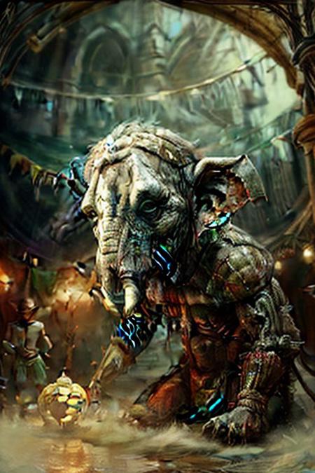 1 monster, solo focus, loxodon, scarry,
interior of circus tent, CircusPunkAI, colorful
 unnerving, mastepiece, trending on Artstation
far background are fleeing people