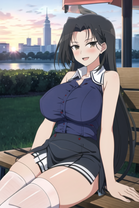 masterpiece, best quality, <lora:jasmine-10:1>, 1girl, jasmine \(senran kagura\), senran kagura, long hair, black hair, brown eyes, breasts, huge breasts, large breasts, blush, smile, happy, open mouth, facing to the side, looking at viewer, sideways glance, shirt, sleeveless, sleeveless shirt, collared shirt, (blue shirt:1.5), bare shoulders, armpits, skirt, pleated skirt, miniskirt, black skirt, thighhighs, white thighhighs, thick thighs, dated, cowboy shot, sitting, outdoors, park bench, sunset, simple background,