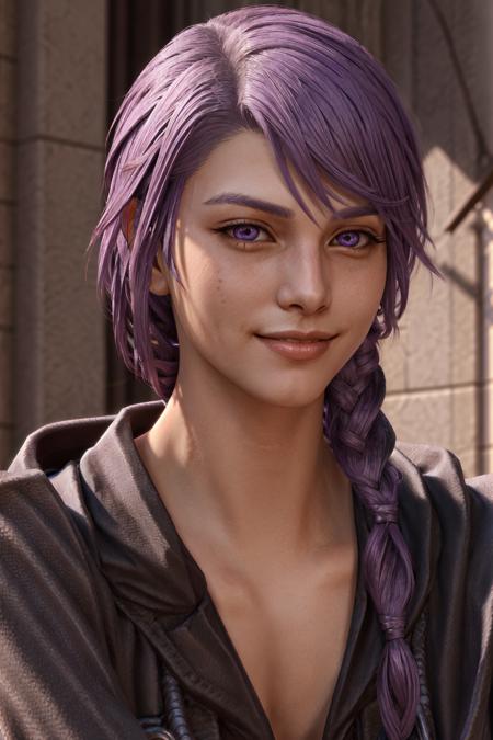 Hythlodaeus,  bangs,  closed mouth,  portrait,  realistic,  side braid,  single braid,  purple hair,  ffxiv,  smile,  solo,  upper body, 1boy,  male focus,  solo focus, <lora:EMS-51663-EMS:0.800000>