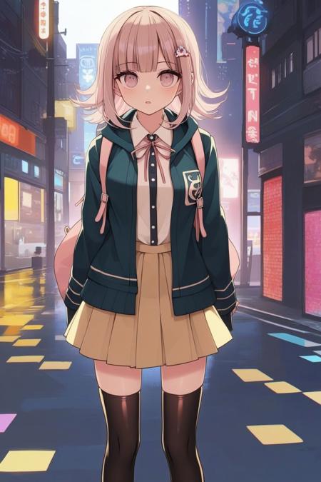 nanami chiaki,hair ornament,lack jacket,long sleeves,two-tone shirt,neck ribbon,brown skirt,thighhighs