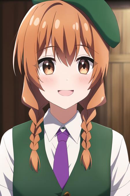 ange, 1girl, solo, long hair, looking at viewer, blush, smile, open mouth, bangs, brown hair, shirt, hat, hair between eyes, brown eyes, school uniform, white shirt, upper body, braid, :d, necktie, shiny, collared shirt, indoors, hand up, orange hair, blurry, vest, shiny hair, twin braids, blurry background, beret, parody, portrait, bridal gauntlets, green headwear, green vest, purple necktie, anime coloring, medium_breasts