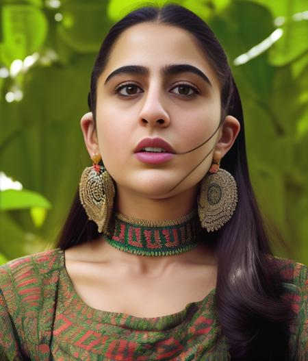 (SaraAliKhan) , art by Gary Hume,art by Edwin Lord Weeks, photograph, Dutch blossoms, Fearful, 3/4 view of a 2000'S (Girl:1.1) , intricate background, thick and lush hairstyle, Dull Stubble Beard, Mayan Choker, Junglecore, film grain, Canon RF, Low shutter,  <lora:SaraAliKhanSD1.5:1>