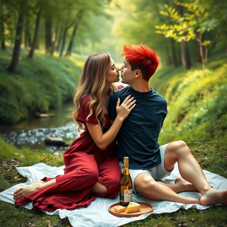 abstract dreamy art image in style of a couple sitting and embracing each other and starting into each other eyes. by a small stream in a green forest. girl has long wavy blond hair, wearing dark red cotton dress. the boy has very short hair dyed scarlet red, white shorts and a dark blue tshirt. they are both sitting on a white picnic sheet with a bottle of white wine and some cheese.