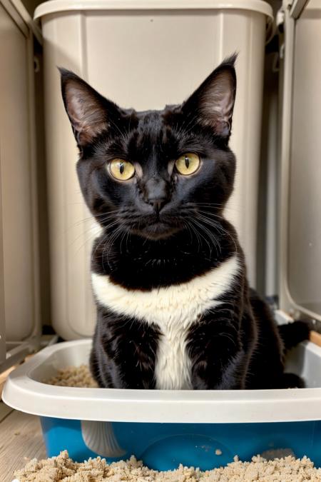 photo style: a black cat with white spots, the cat is in its litter box, the cat is pooping, you can see a relaxed face