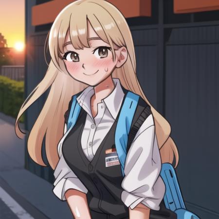 masterpiece, best quality, high quality, <lora:yamada-v2-06:1>, sw3ater, 1girl, black sweater vest, blonde, backpack, sunset, blush, smile, sweat, street, standing