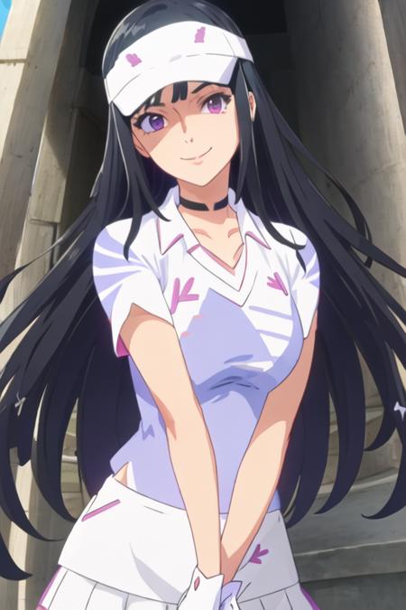 best quality, masterpiece, highres, solo, {amawashi_aoi_birdiewinggolfgirlsstory:1.15}, long_hair, black_hair, purple_eyes, smile, visor_cap, day, blue_hair, 1girl, choker, closed_eyes, hat, sidelocks, bangs