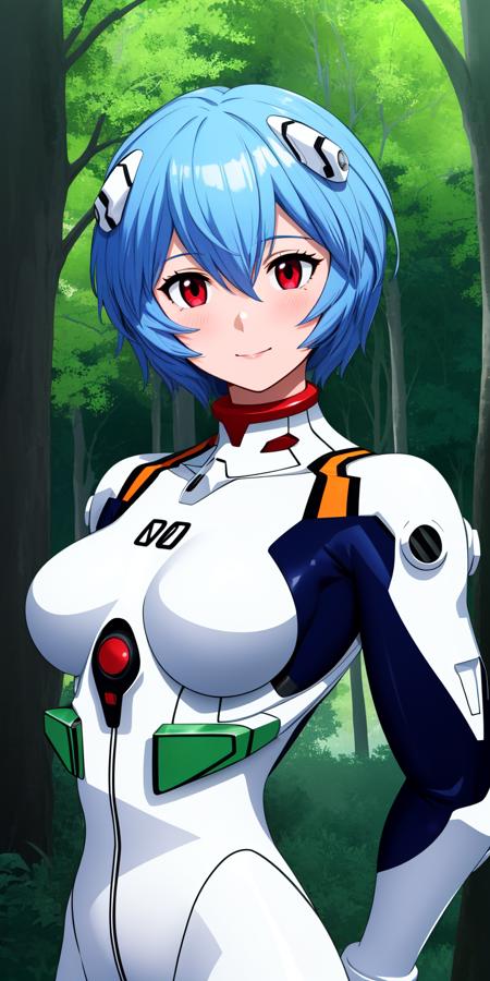 reiayanami, 1girl, solo, red eyes, light blue hair, short hair, bangs, hair between eyes, shiny hair, hair ornament, interface headset, headgear, bodysuit, plugsuit, white bodysuit, shiny clothes, bodysuit, plugsuit, black bodysuit, shiny clothes, school uniform, tokyo-3 middle school uniform, white shirt, short sleeves, blue skirt, suspender skirt, neck ribbon, red ribbon,