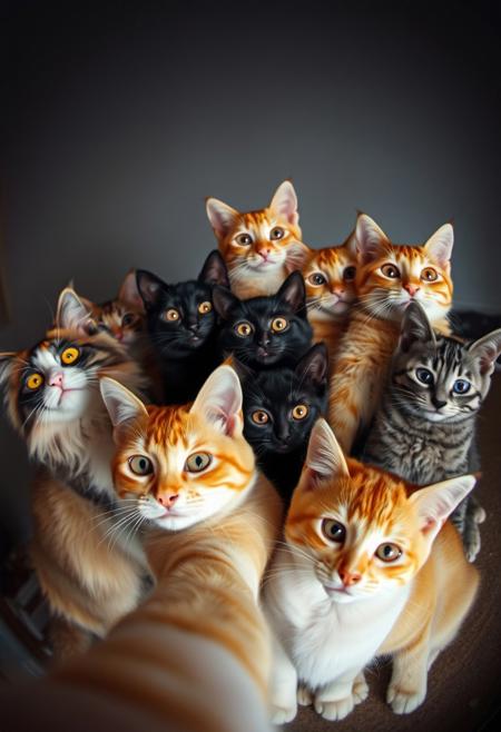 (Soft Lighting Photography by Mimoza Veliu and Mario Giacomelli:1.2), 8 cats take a selfie, including on long hair yellow cat, one orange strips cat, two 3-color cat, one black kitten, two grey kittens, and one short hair yellow kitten, in the style of fisheye effects, somber mood, strong facial expression, tilt shift . High dynamic range, vivid, rich details, clear shadows and highlights, realistic, intense, enhanced contrast, highly detailed