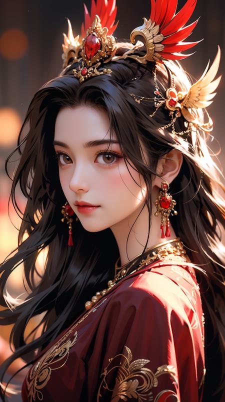 1girl,jewelry,earrings,solo,hair ornament,long hair,looking at viewer,red dress,from side,upper body,dress,brown hair,black hair,feathers,closed mouth,brown eyes,portrait,expressionless,blurry,<lora:å¤å éå¸:0.6>,smile,