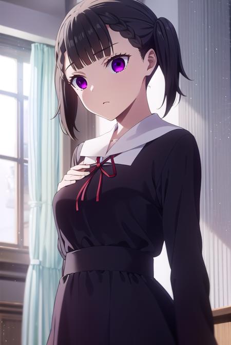 maki shijou, bangs, blunt bangs, (purple eyes:1.1), twintails, two side up, braid, short twintails, brown hair, long sleeves, dress, ribbon, school uniform, black dress, red ribbon, neck ribbon, collared dress, shuuchiin academy school uniform,