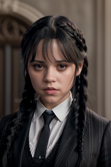 real, atmospheric scene, masterpiece, best quality, (detailed face, detail skin texture, ultra-detailed body),
<lora:jennaortega_lora_smf_v2-000001:0.9>, 1girl, smf-girl-0042, realistic, solo, braid, twin braids, black hair, looking at viewer, necktie, lips, long hair, black eyes, portrait