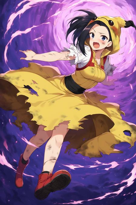 score_9, score_8_up, score_7_up, score_6_up, score_5_up, score_4_up, masterpiece, high quality, BREAK, full body, BREAK, 1girl,   <lora:Yaomomo:0.9> yaomomo, woman, person, yaoyorozu momo <lora:MimikyuFit:1> MimikyuFit, mimikyu, pokemon, outfit, hood, pale yellow outfit, ripped clothes, broken clothes, dirty clothes,