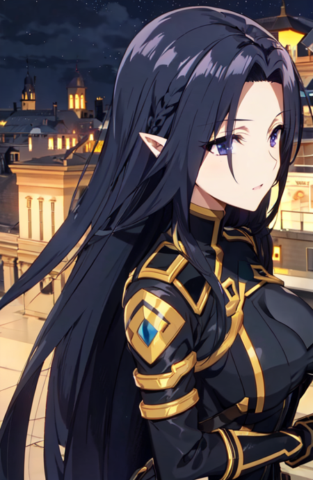 gamma, black hair, pointy ears, purple eyes, black dress, large breasts, very long hair bodysuit, gloves holding long swordholding long sword dress, frill, cleavage, necklace, elbow gloves, high heels