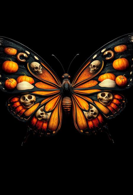 "Create a hyper-stylistic image of a butterfly with its wings splayed out in a dramatic, symmetrical pose. The wings themselves are a masterpiece of Halloween-themed design, with intricate, swirling patterns that resemble skulls and pumpkins. The skulls are delicate and ornate, with tiny details and textures that give them a lifelike quality. The pumpkins are similarly detailed, with ridges and crevices that make them look like they were plucked straight from a patch. The background is a deep, rich black, which allows the vibrant colors of the wings to pop and shine. Incorporate intricate details and textures to bring the butterfly and its wings to life, with a focus on capturing the sense of wonder and magic that comes with Halloween." highest-Quality, intricate details, visually stunning, Masterpiece