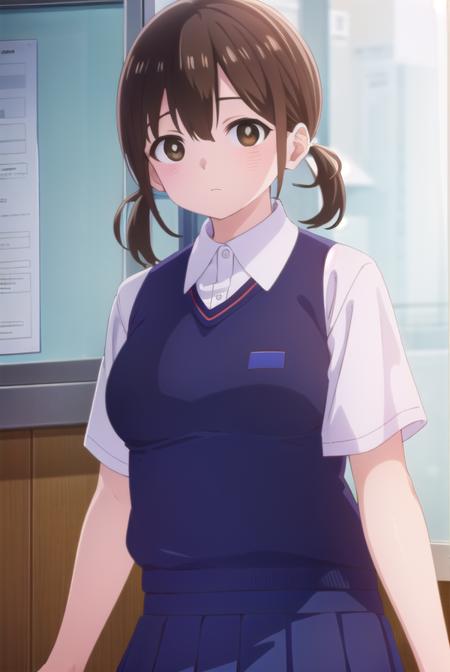 honokahara, <lora:honoka hara s1-lora-nochekaiser:1>,
honoka hara, short hair, brown hair, hair between eyes, twintails, (brown eyes:1.5), low twintails, short twintails,
BREAK skirt, shirt, school uniform, white shirt, short sleeves, pleated skirt, collared shirt, blue skirt, sweater vest, plump,
BREAK indoors, classroom,
BREAK looking at viewer, (cowboy shot:1.5),
BREAK <lyco:GoodHands-beta2:1>, (masterpiece:1.2), best quality, high resolution, unity 8k wallpaper, (illustration:0.8), (beautiful detailed eyes:1.6), extremely detailed face, perfect lighting, extremely detailed CG, (perfect hands, perfect anatomy),