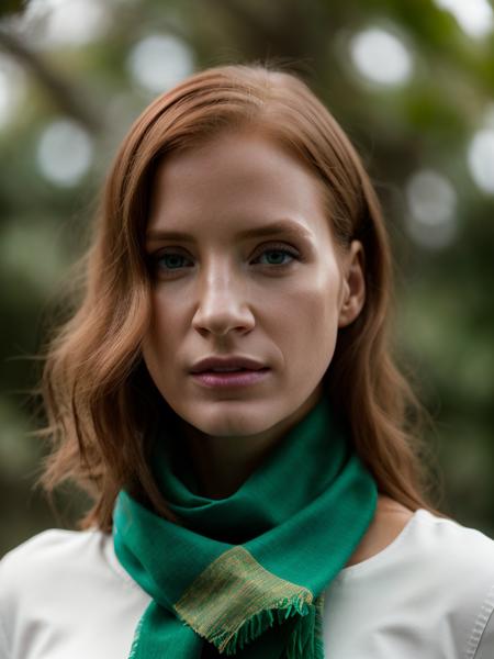 Realistic photo of a beautiful j3ss1c4c-v2 woman,  1girl, solo, long hair, looking at viewer, blue eyes,red hair, upper body, scarf, lips, realistic, nose, green scarf, soft lighting, professional Photography, Photorealistic, detailed, RAW, analog, sharp focus, 8k, HD, high quality, masterpiece<lora:j3ss1c4c-v2:1.0>