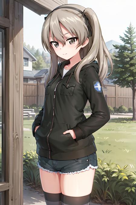 masterpiece, best quality, 1girl, solo, girls und panzer, shimada arisu,hair ribbon, (black hoodie,denim shorts, striped thighhighs :1.2), hands in pocket, looking at viewer, cowboy shot, outdoors, house, cowboy shot  <lora:Shimada Alice:0.6>