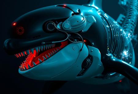 Close-up shot of cyborg, cybernetic killer whale, with torn flesh and partially open mouth, revealing sharp teeth, circuits, wires and conductors. Dark ocean depths background. Horror atmosphere, deep sea setting. Dramatic underwater lighting, photorealistic detail, especially on destroyed parts and circuitry to emphasize robotic components. Cinematic color grading: deep blues, chrome, glowing reds. 8K resolution, ultra-sharp focus on cyborg features.