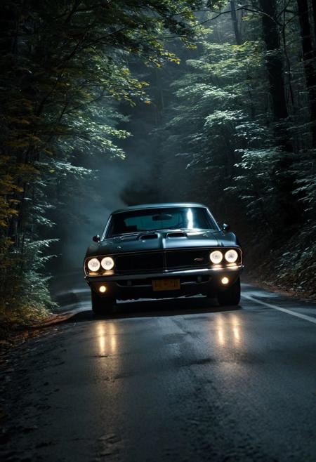 macro photo of a beautiful muscle car on a banked road turning in the forest at (night), dark, (zavy-dtchngl), cinematic still, The Fast and the Furious movie screencap, dynamic,