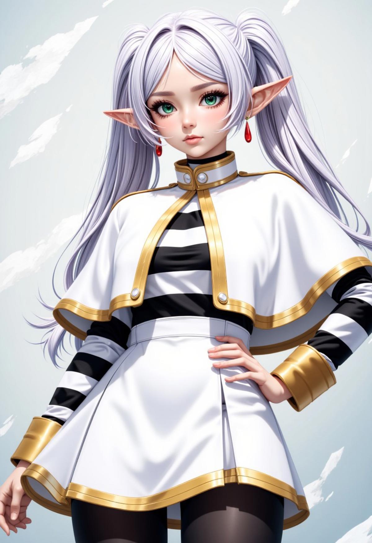 zzCitronCAT, 
nereirfpnxl, frieren, elf, pointy ears, green eyes, white hair, twintails,
shirt, long sleeves, jewelry, earrings, striped, white capelet, striped shirt, white skirt, black pantyhose,
closed mouth, standing, collarbone, cowboy shot, hand on hip, contrapposto, 
abstract background,