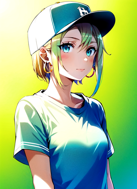 bunbun <lora:bunbun_offset:1>, masterpiece, best quality, 1girl, aqua eyes, baseball cap, blonde hair, closed mouth, earrings, green background, hat, hoop earrings, jewelry, looking at viewer, shirt, short hair, simple background, solo, upper body, yellow shirt