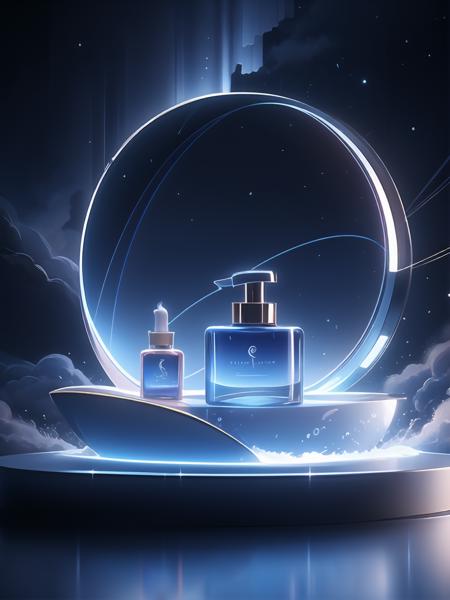 no humans,sky,reflection,scenery,blue theme,star (sky),blue sky,starry sky,cloud,night,night sky,<lora:dianshan:0.6>,perfume in the middle,