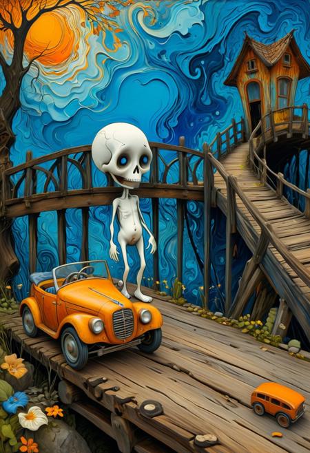 Picture an emotionally charged anthropomorphic figure, resembling a sad, sobbing, and distressed Decora Chibi caricature, wearing a diaper and standing beside an old, rusty 1880s Vintage Pedal Car. Situated on a contorted, gnarled wooden bridge, this scene is reminiscent of Edvard Munch's famous painting, The Scream. The backdrop features a swirling, psychedelic fractal-like pattern with electric blue and orange hues. The figure's anguished expression conveys a silent scream into the void, reflecting the maximalist style of Max Ernst.