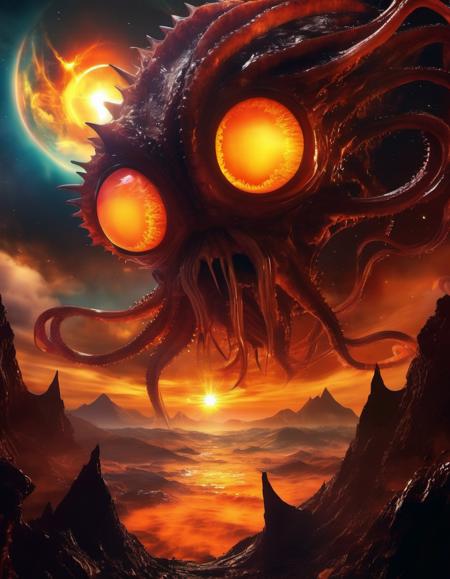 EdobHorrorLandscape, goggles, mountainous horizon, eye focus, planet, glowing, orange sky, alien, tentacles, mountain, sun, one-eyed, teeth, solo, open mouth, yellow eyes, goggles, sharp teeth, tentacles, lens flare, spikes, star (sky), cloud, <lora:EdobHorrorLandscape_XL_v1.0:0.8>