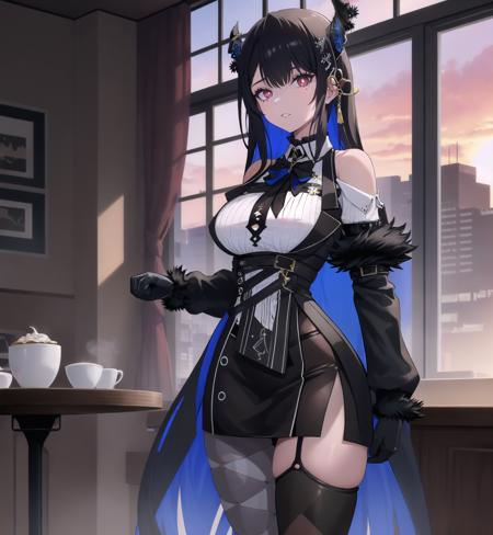 <lora:nerissa_ravencroft_v4-000009:1>
(1girl, solo:1.3), 
standing, cowboy shot ,
(asymmetrical horns), horns, demon horns, red eyes, slit pupils, [mole under eye], 
black hair, blue hair, two-tone hair, long hair, hair ornament, 
large breasts, skindentation, thick thighs, 
thick thighs, looking at viewer, 
black ribbon, 
bare shoulders, fur-trimmed sleeves, fur trim, collared shirt, (white shirt), gloves, (vertical striped shirt), 
(miniskirt:1.2), belt, multiple belts, 
(asymmetrical legwear:1.25), (thigh boots), (single) thighhigh, black thighhighs, (single leg pantyhose:1.2), checkered pantyhose, 
indoors, (cafe), window, sunset