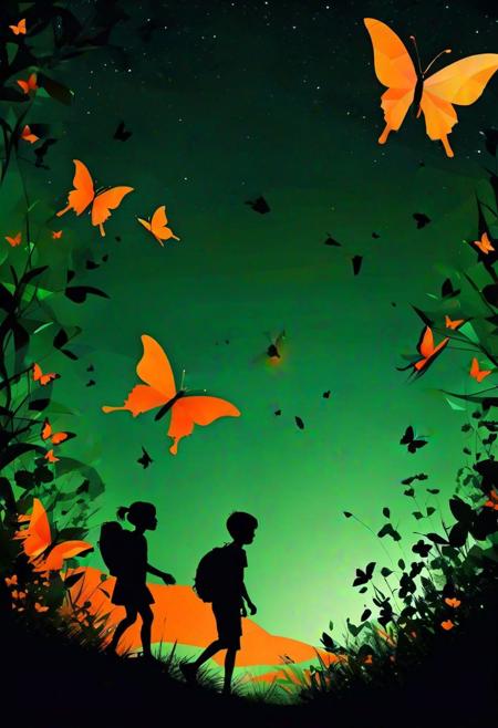 Silhouette composition, (Geometric shapes intertwined:1.2), Noir art style, (Vibrant green and fiery orange:1.3), Moonlit setting, (Sweeping light, flower-shaped:1.2), Butterflies in flight, (Kids playing innocently:1.2), Enchanting atmosphere, (Faraway adventure:1.2), Creative silhouette masterpiece.