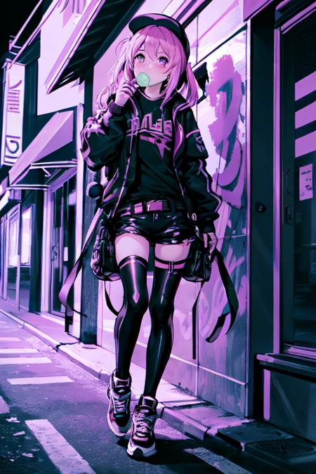 (masterpiece:1.5), illustration, 4k, 8k, (high quality:1.1), highly detailed, detailed face, HDR, vivid colors, <lora:bubblegum:0.8>, bubblegum, chewing_gum, blowing bubbles, bubble gum  posing, detailed scenery, fantasy, bokeh, depth of field, full body, street clothes, graffiti, neon sighs, professional photoshoot, punk girl, <lora:DohnaDohna:1>, dohna dohna, high contrast, dithering, techwear