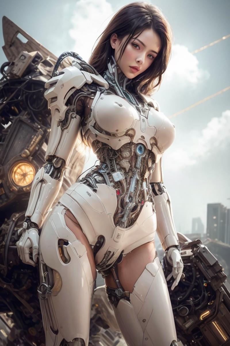 A robotic woman with a white dress and a sword.