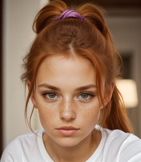 photo,8k,sharp focus,beautiful woman,close up,t-shirt,(detailed eyes:0.8),(looking at the camera:1.4),(highest quality),(best shadow),brown eyes,rim lighting,two tone lighting,dimly lit,low key,intricate details,interior,ponytails,ginger hair:1.3,open mouth:0.7,freckles