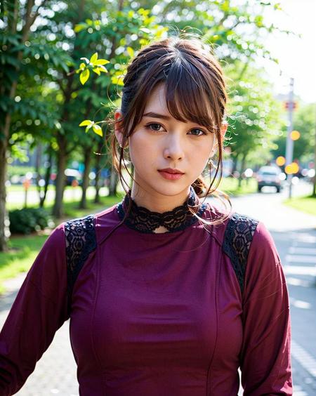 a woman posing on the street corner with red dress on, best quality, 1girl, large breast, day, bright, blur background, bokeh, outdoor, (street:0.8), (people, crowds:0.8), (elegant clothes, red high-neck clothes:1.2, red long sleeves dress: 1.5), gorgeous, (hair up:1.5),(floating hair:1.2), beautiful detailed sky, (dynamic pose:1), (upper body:0.8), soft lighting, wind, shiny skin,  sword, saber, <lora:TokuGirl_Reika_Mei_v1.0:0.65>