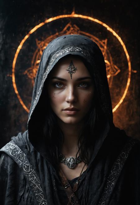 Professional photograph of a dark, ghostly female silhouette, dubbed the Messenger of the Gods, standing within an ancient runic circle that hums with elemental power. Her skin, visible beneath the tatters of light, cracked armor, resembles the parched earth itselfâdeep fissures running through it, glowing faintly with an otherworldly light. A canvas hood, weathered and worn, shrouds her features, leaving only the intense glow of her eyes visible, piercing through the shadows. The runes around her crackle with energy, illuminating him with flashes of elemental symbols: fire, water, air, and earth, each adding to his aura of power. From deep within, a radiant energy pulses, casting eerie shadows and creating a bokeh blur effect around her, emphasizing the mystical force he commands. This scene captures a moment of silent intensity, as the Messenger stands ready to wield his ancient powers, a guardian of the earth's mysteries and a herald of its enduring strength.. 8k, hyper-detailed, cinematic illumination.
<lora:add-detail-xl:1> <lora:WildcardX-XL-Detail-Enhancer:1>